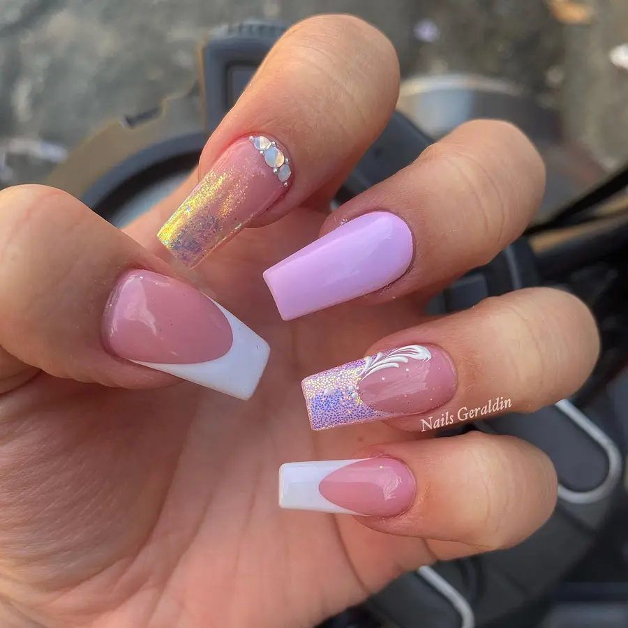 Mixed French Tips and Subtle Glam Accents