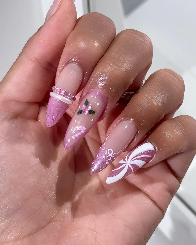 Pink Acrylic Nails With Sparkly Tips and Playful Girly Nail Art