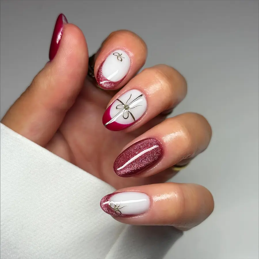 Deep Red Glitter Nails With Clean White Accent Details