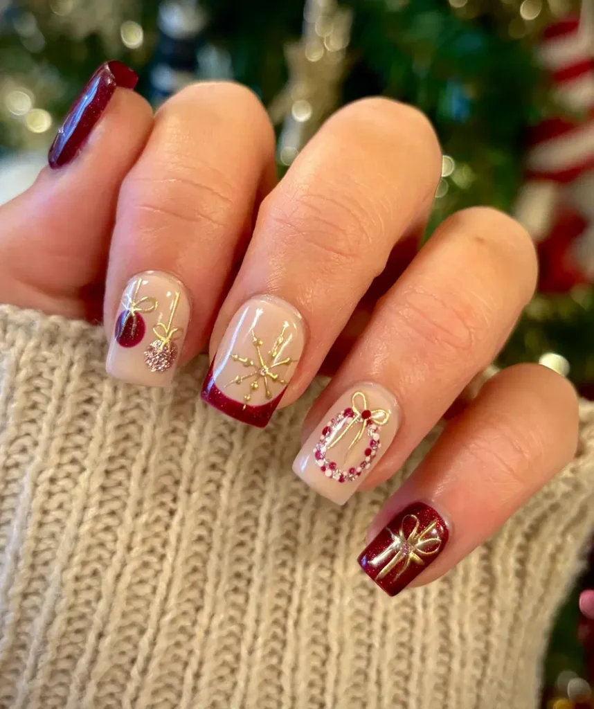 Festive Red and Gold Nails With Holiday Charm Details