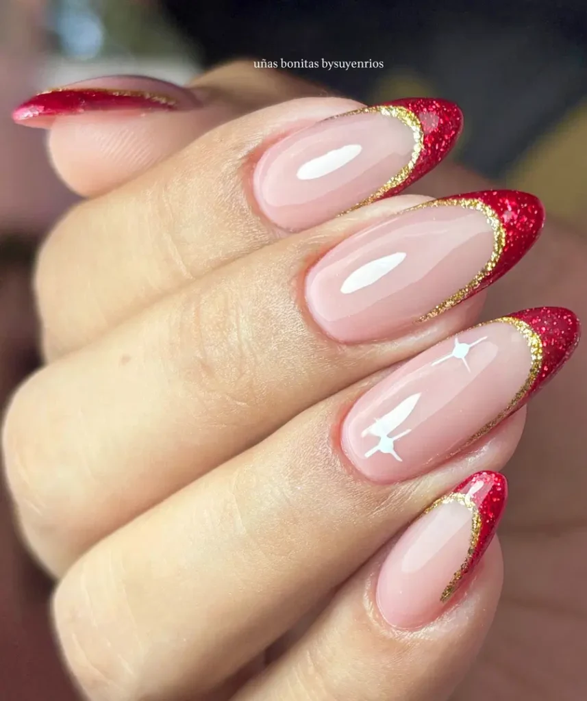 Red Glitter French Tips Framed With Fine Gold Edging