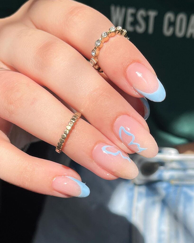 Sky Blue French Tips with Soft Butterfly Line Art
