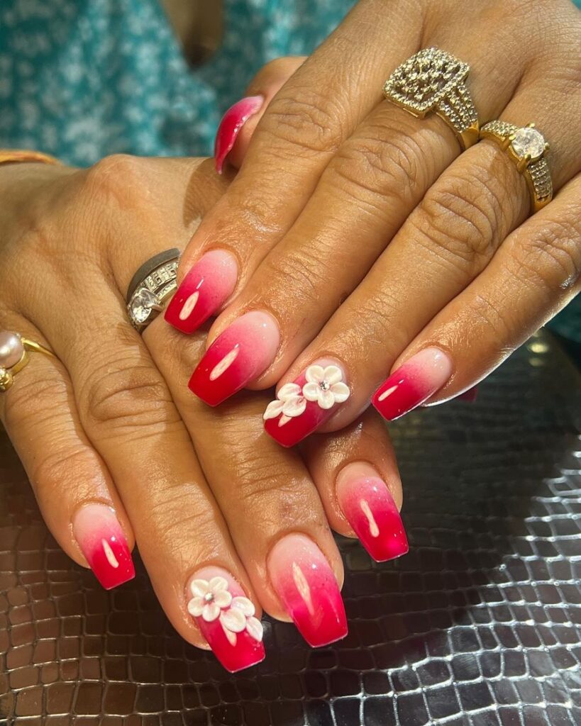 Glossy Red Ombre with Soft Floral Accent