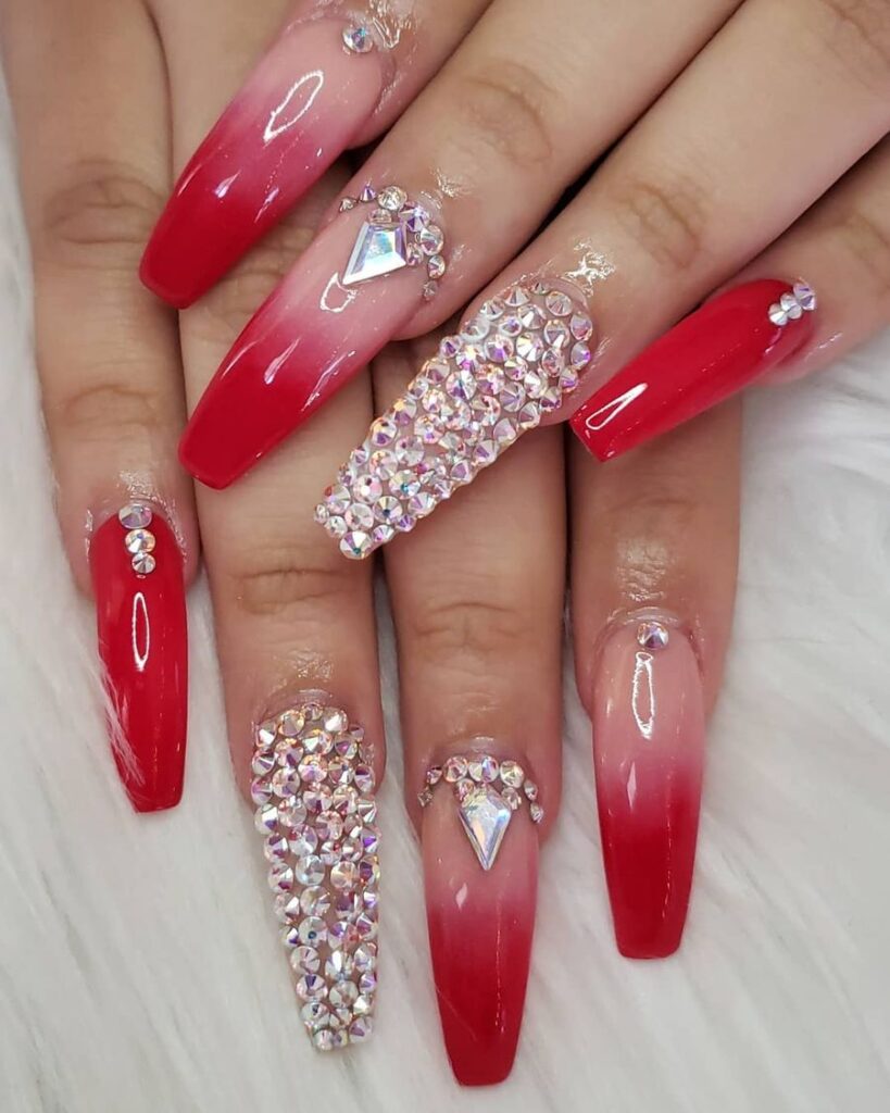 Bold Red Ombre with Full Crystal Glam