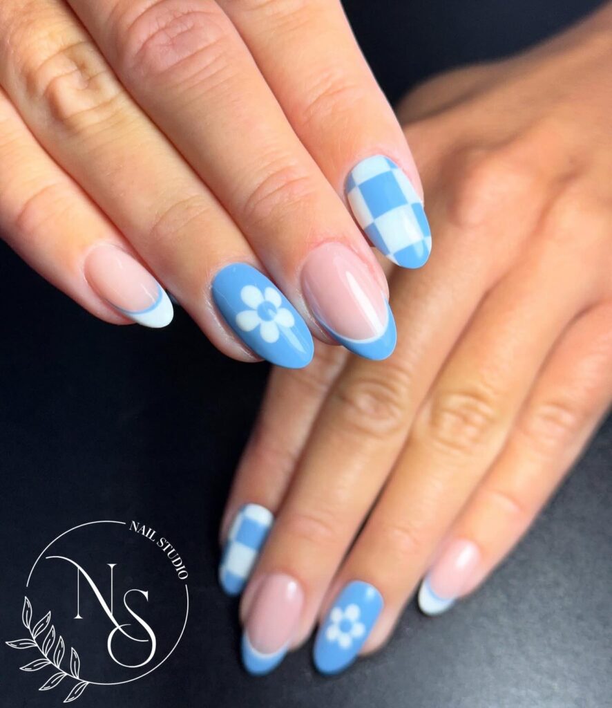 Sky Blue French Tips With Checkerboard & Daisy Details
