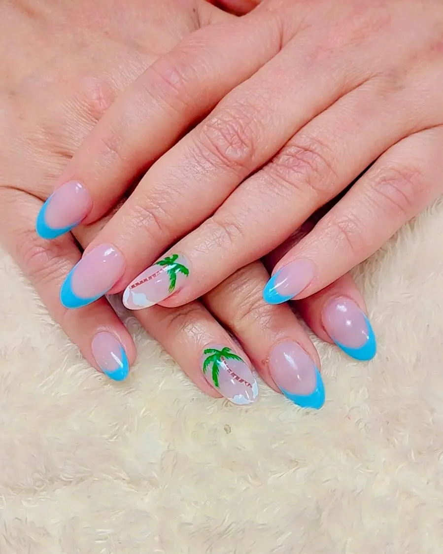Turquoise French tips with palm-tree accents