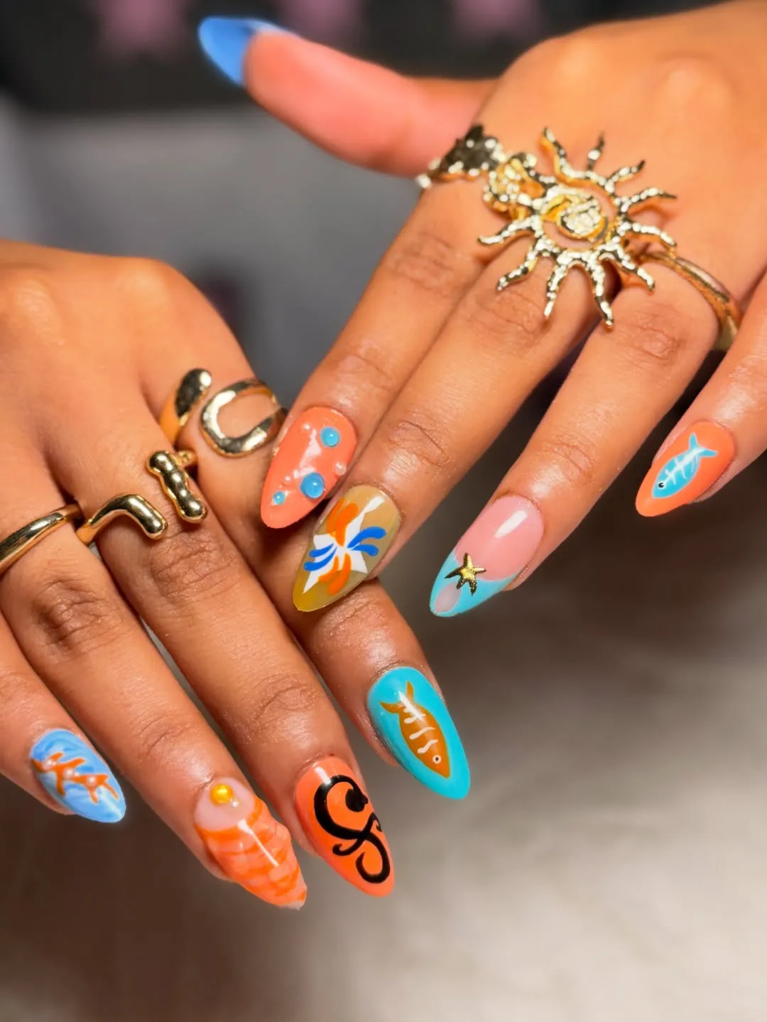 Mixed bright set with fish graphics and gold starfish charm