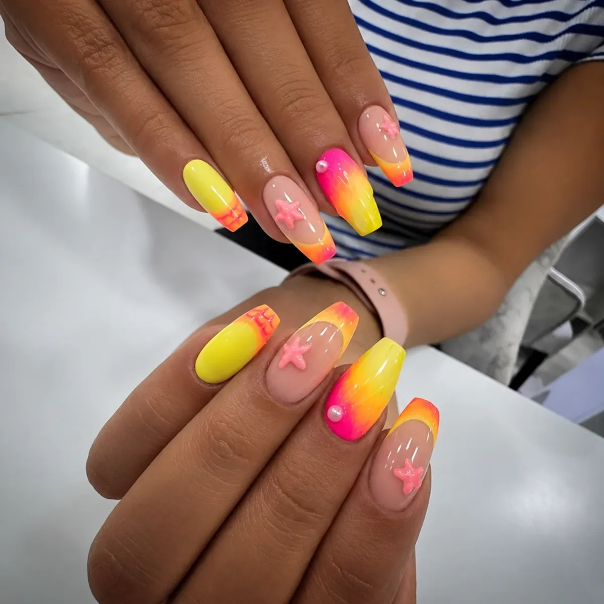 Neon sunset ombré with raised starfish accents