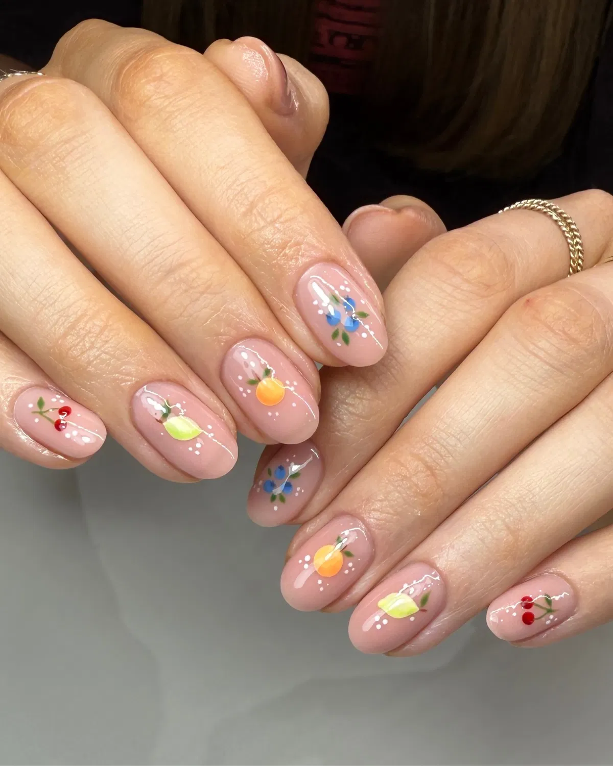 Minimal nude base with tiny fruit illustrations