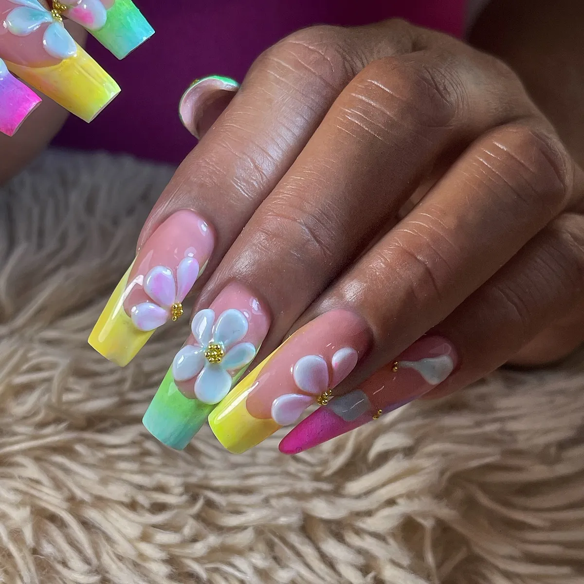 Rainbow gradient tips with 3D white flowers