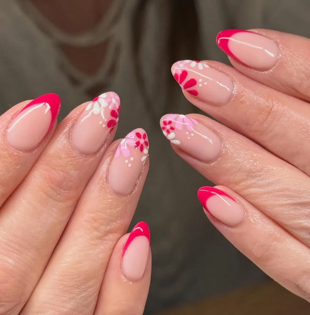 Bright Pink French Tips with Small Flowers