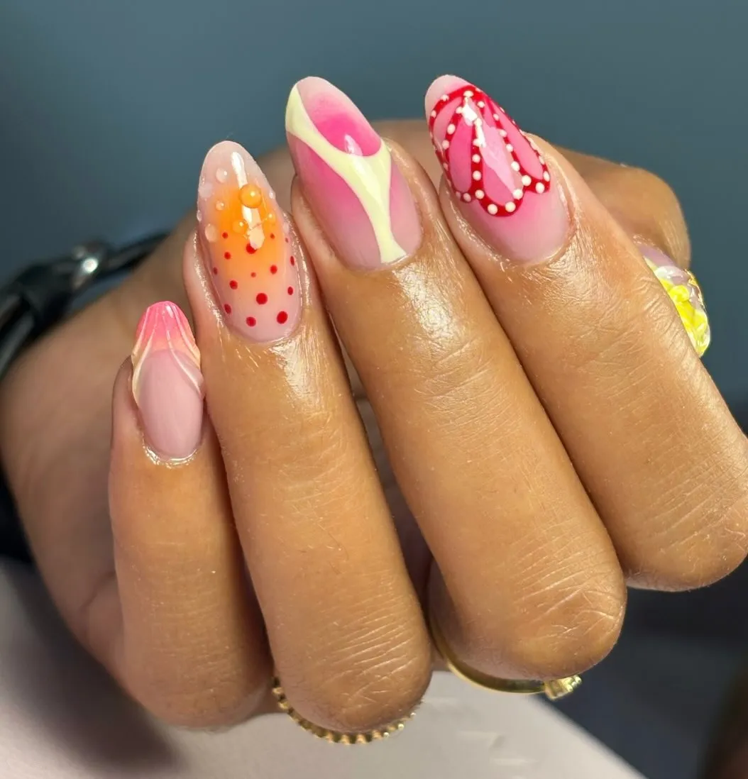 Pink and Yellow Swirls with Dots and Petal Outline