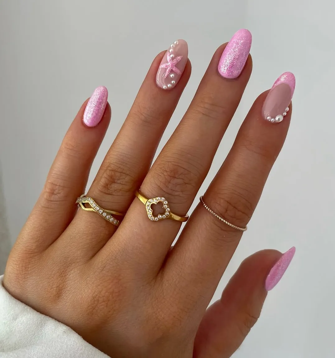 Pink shimmer with pearl-bead accents and bow
