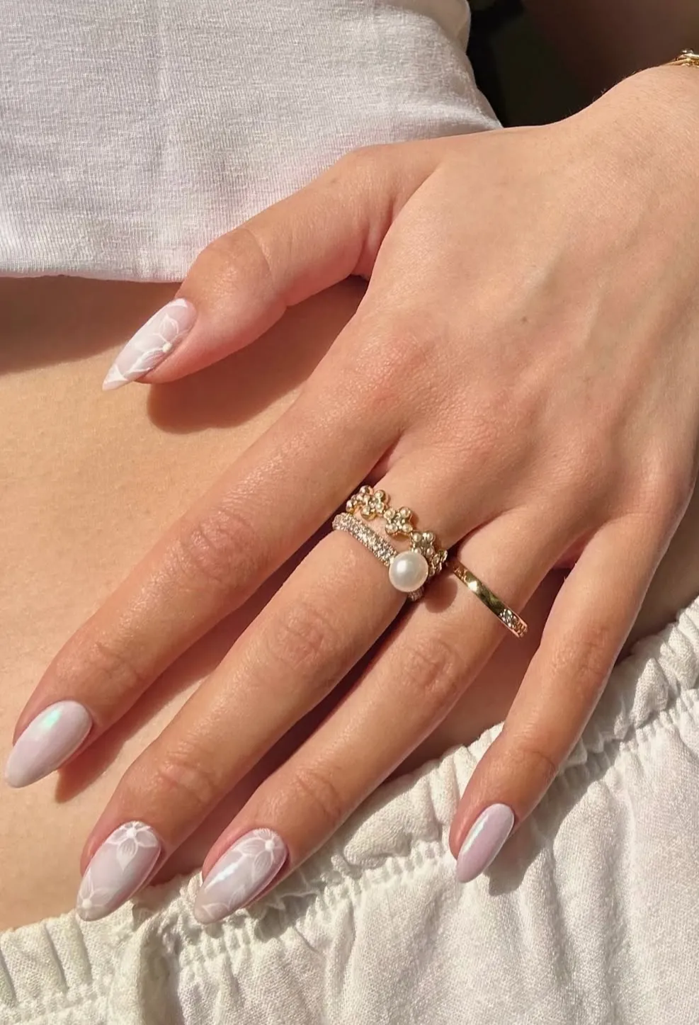 Milky White Nails with Subtle Floral Line Art
