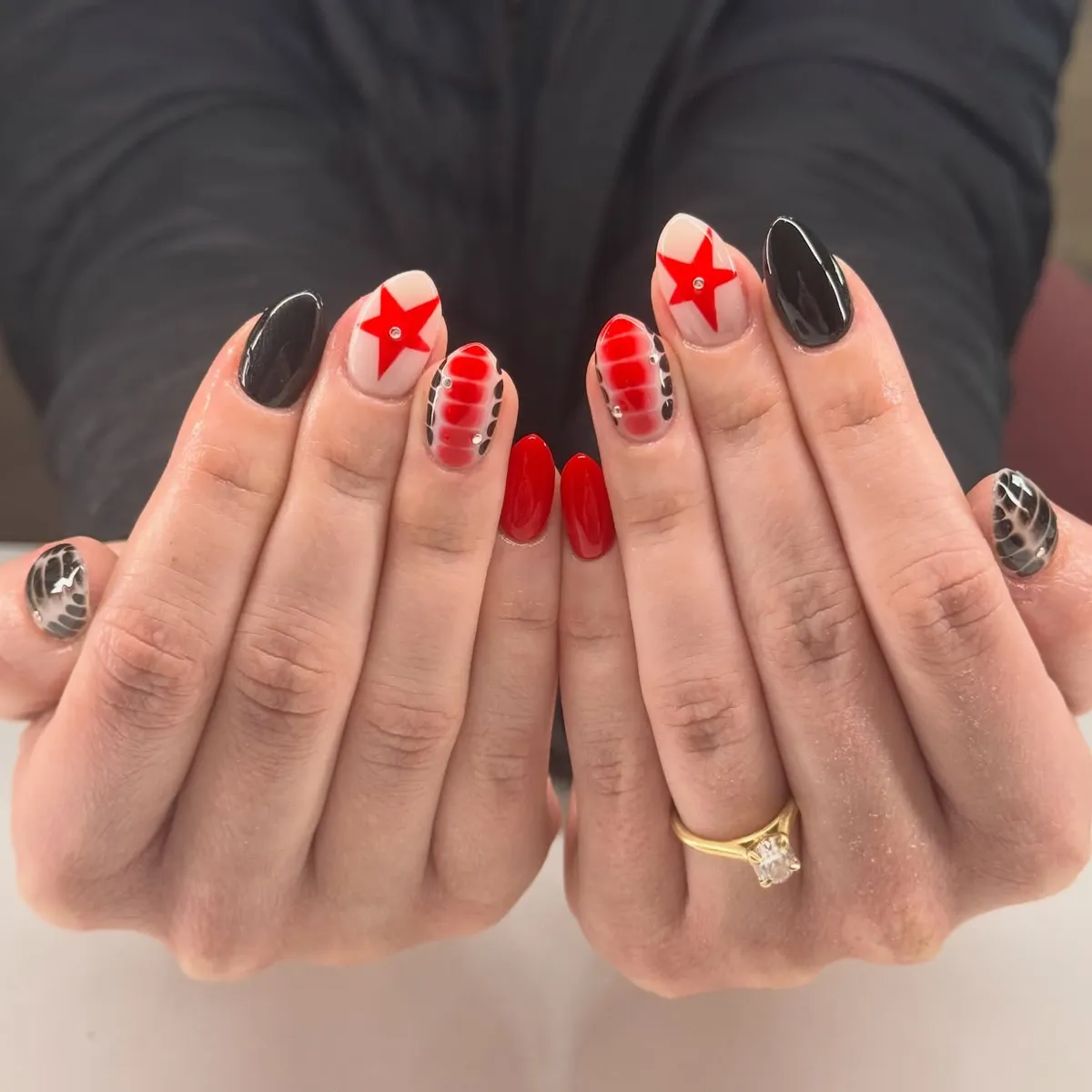 Mixed set with red stars, studs, and black accents