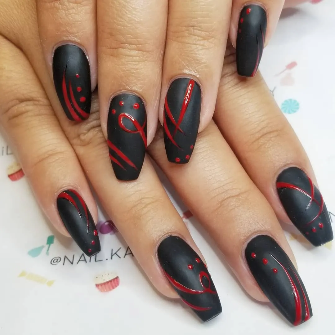 Matte black with glossy red abstract lines and dots