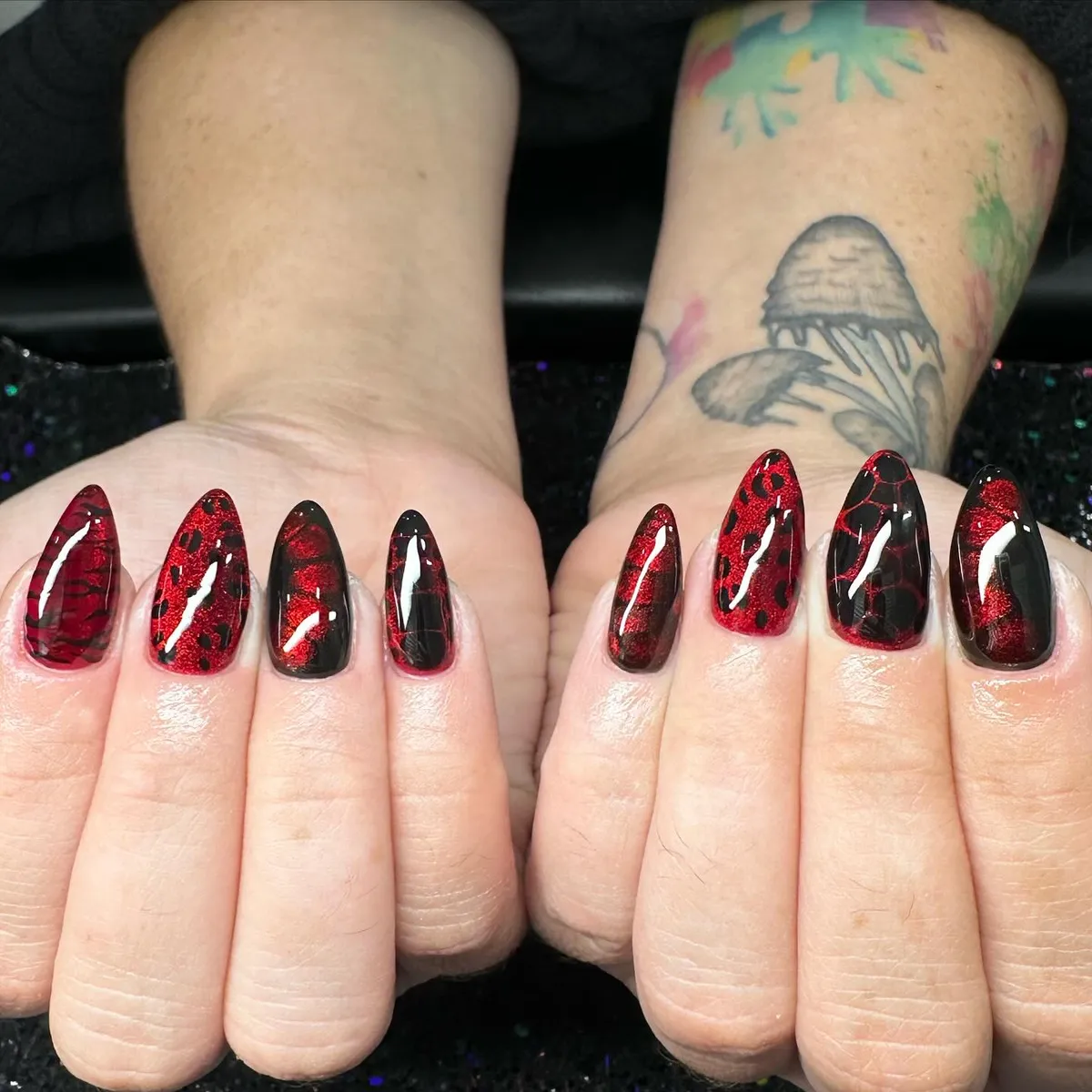 Red glitter and black overlays (mixed patterns)