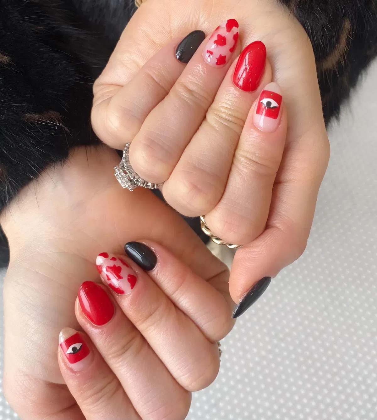 Red and black mix with leaf accents