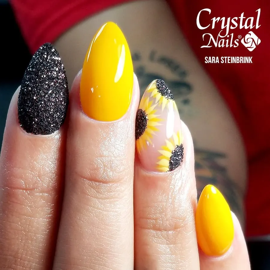 Yellow gloss with black glitter texture and a translucent petal accent