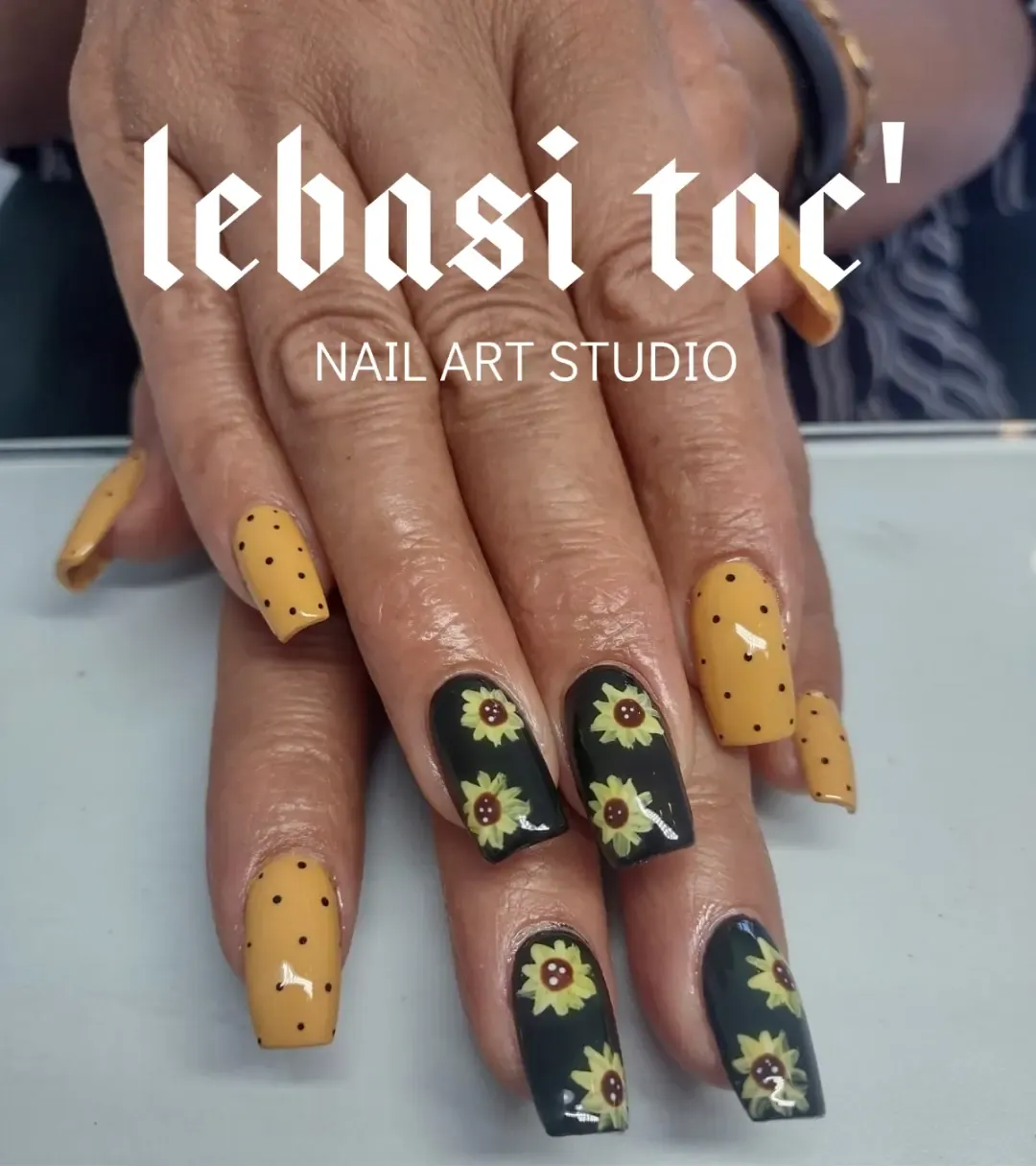 Mustard polka dots with black sunflower-pattern accents