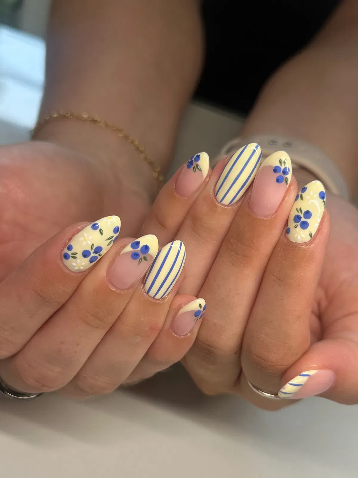 Classic short set with striped accent and blue dot florals