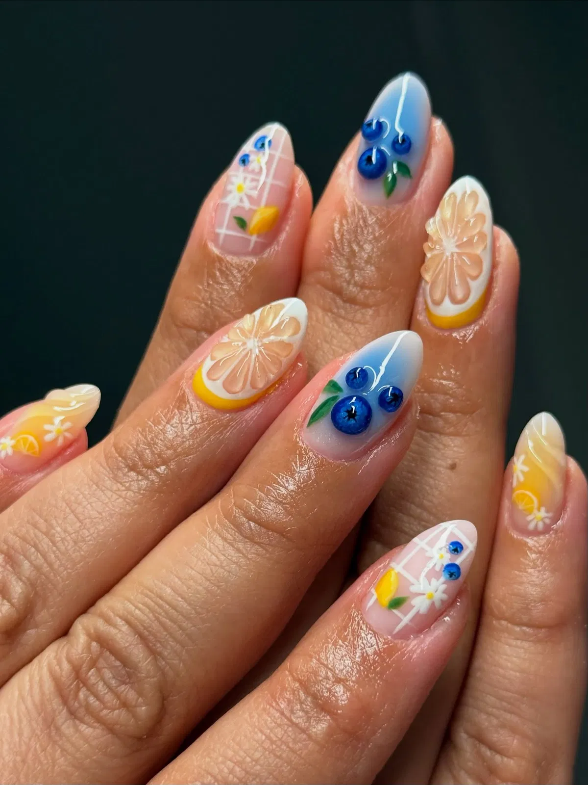 Mixed set: blue gradient berries, citrus slices, and white grid florals