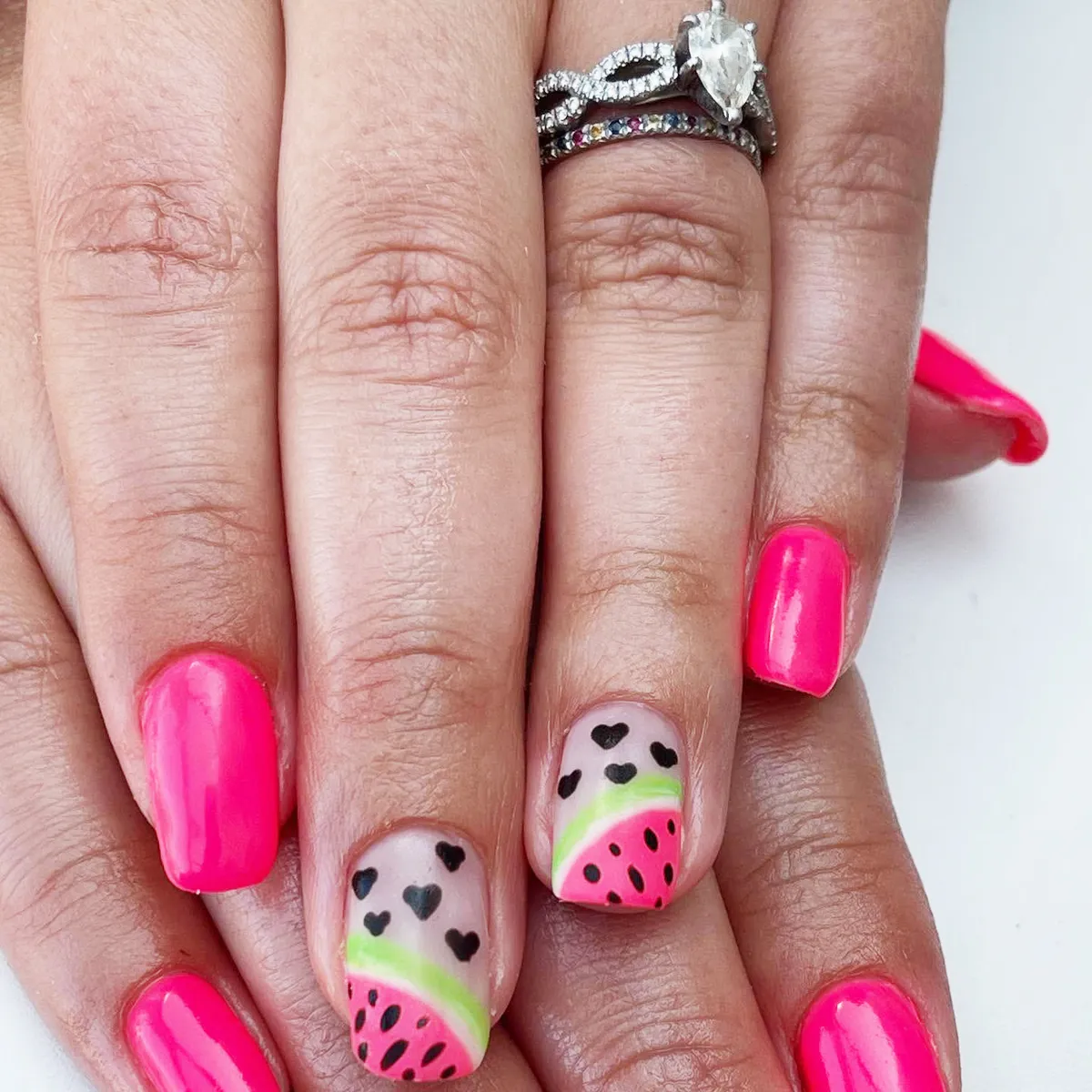 Hot pink with heart-and-fruit accents