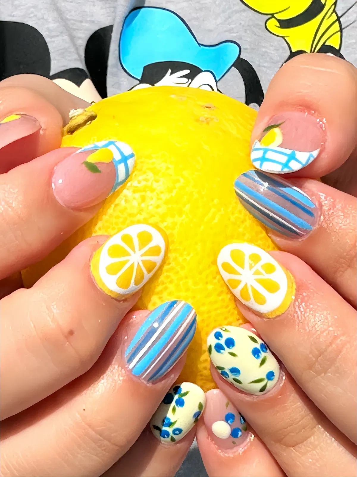 Citrus slices, blue stripes, and tiny florals