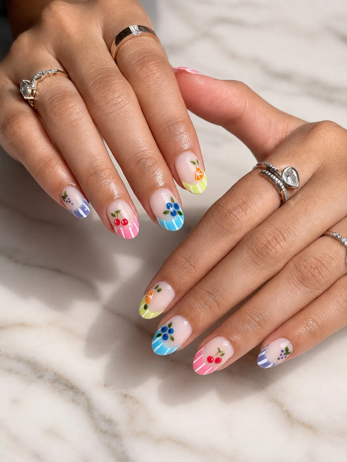 Pastel French Tips with Tiny Fruit Illustrations
