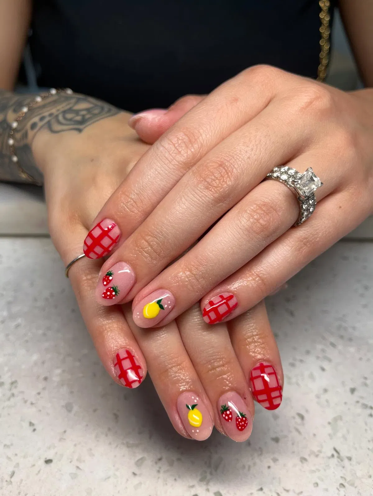 Red Grid Pattern with Small Fruit Motifs