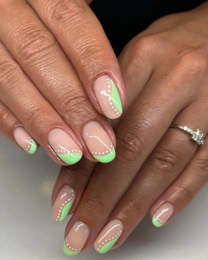 Mint French tips with white dotted detailing
