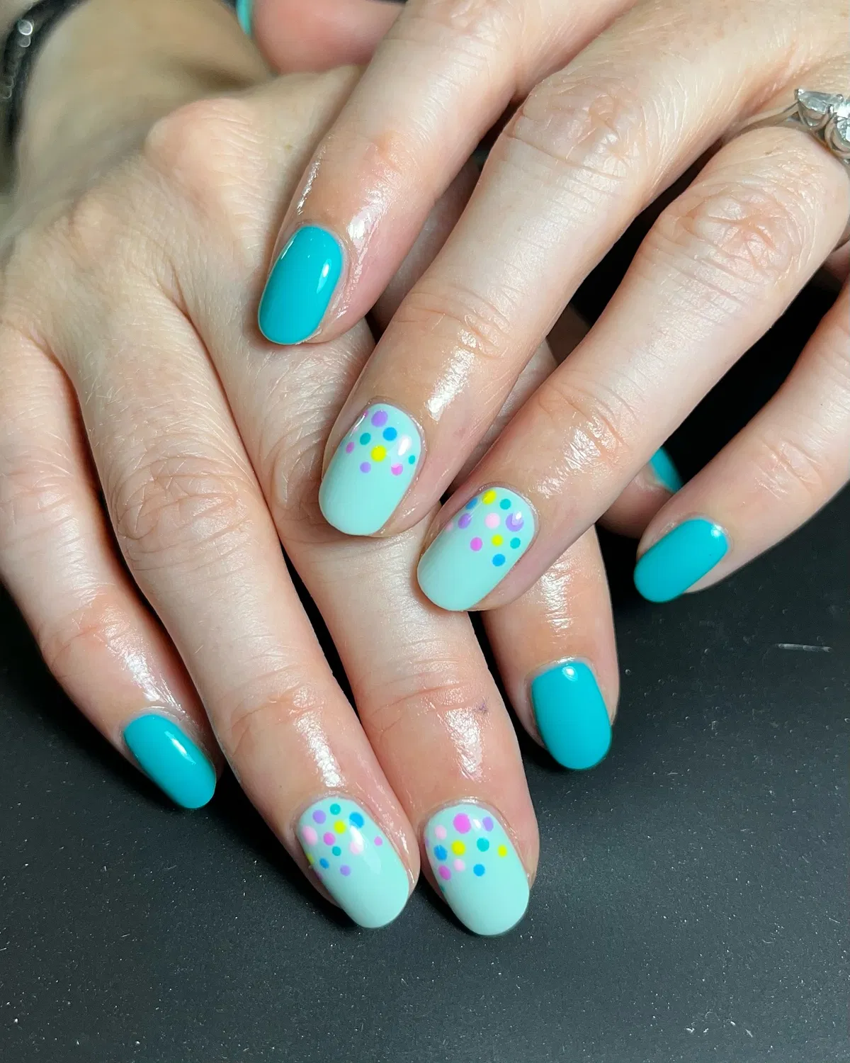 Teal solids with multicolor confetti dots