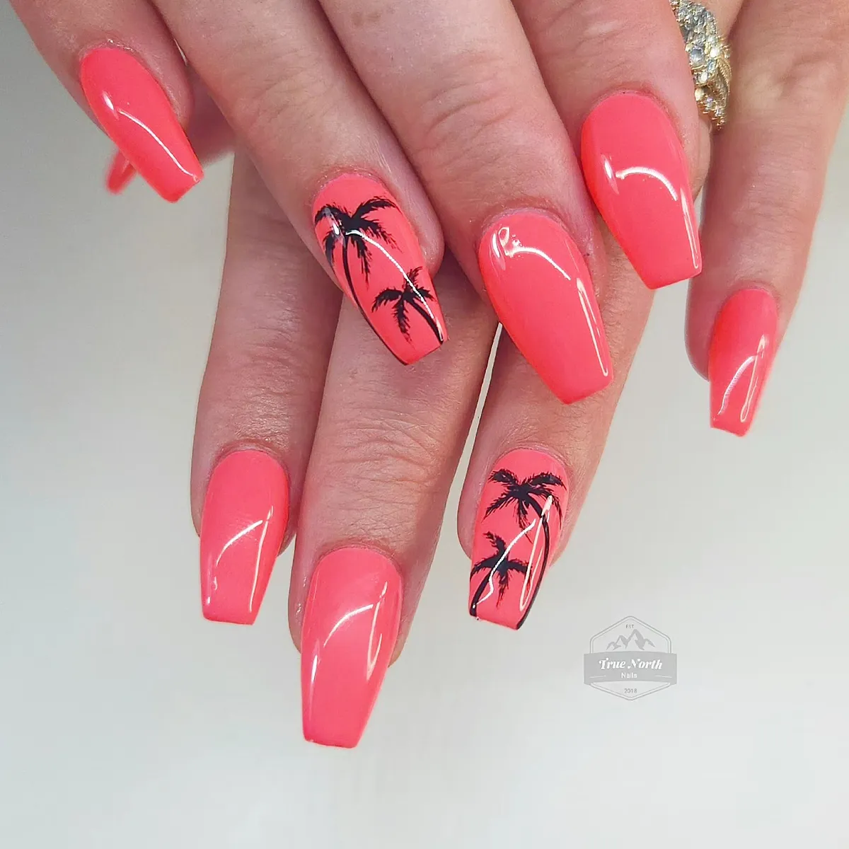 Neon Coral with Black Palm Silhouettes