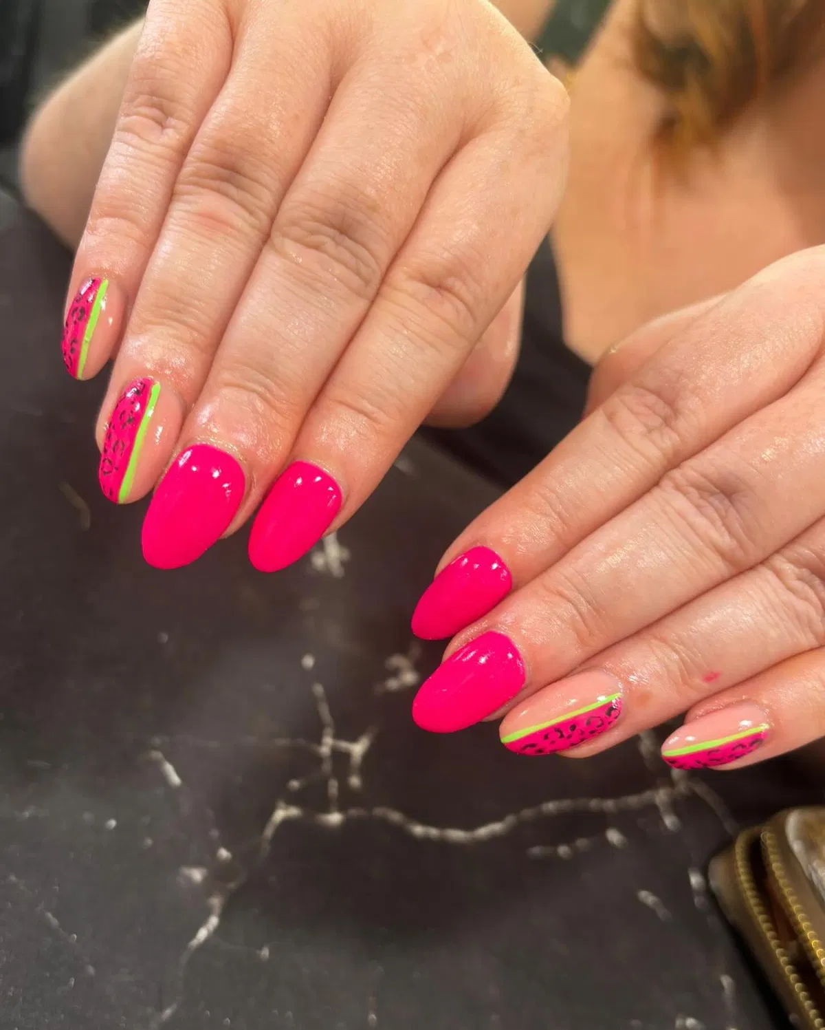 Hot Pink with Neon Green Stripe and Black-Spot Accents