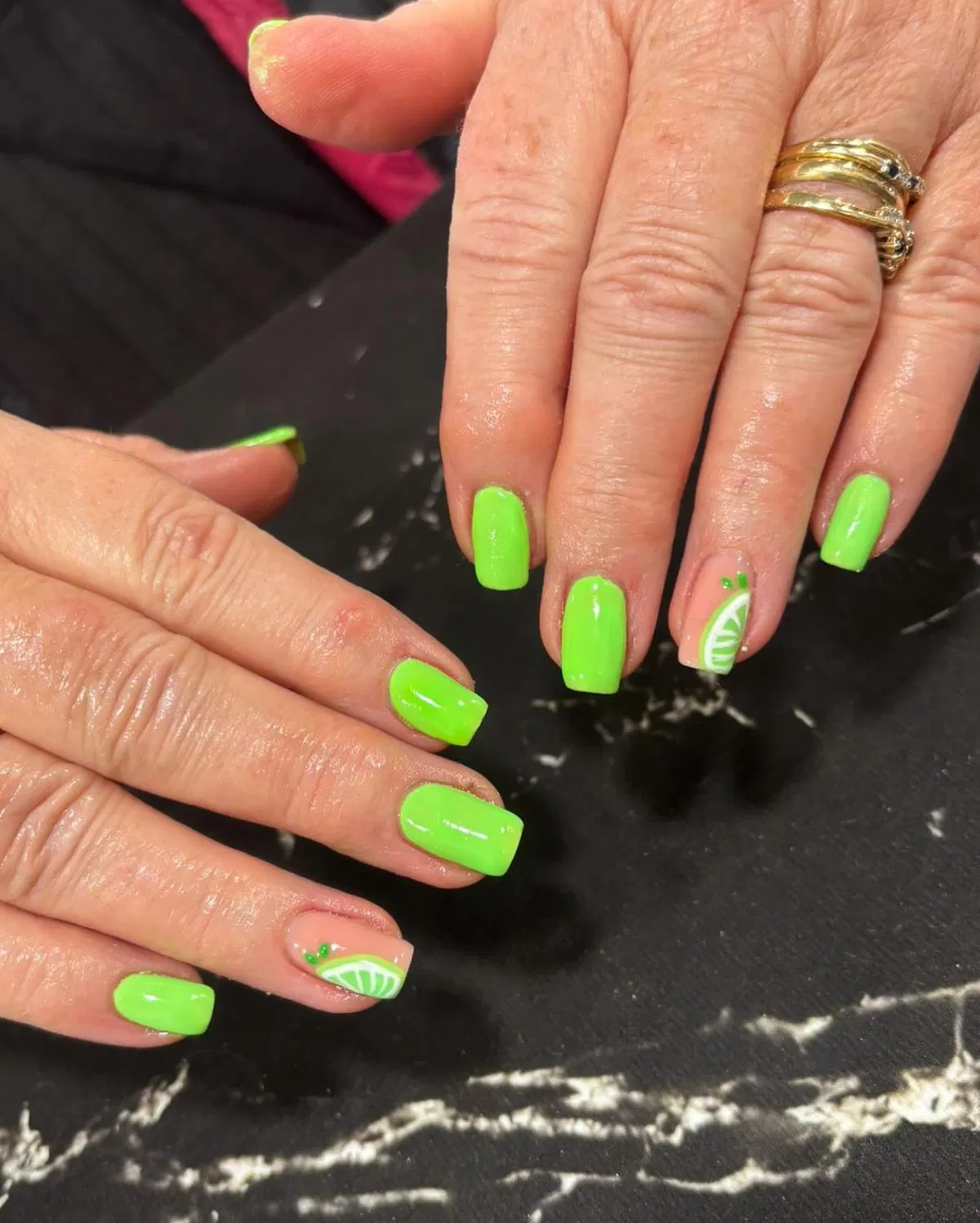 Neon green with citrus-wedge accents