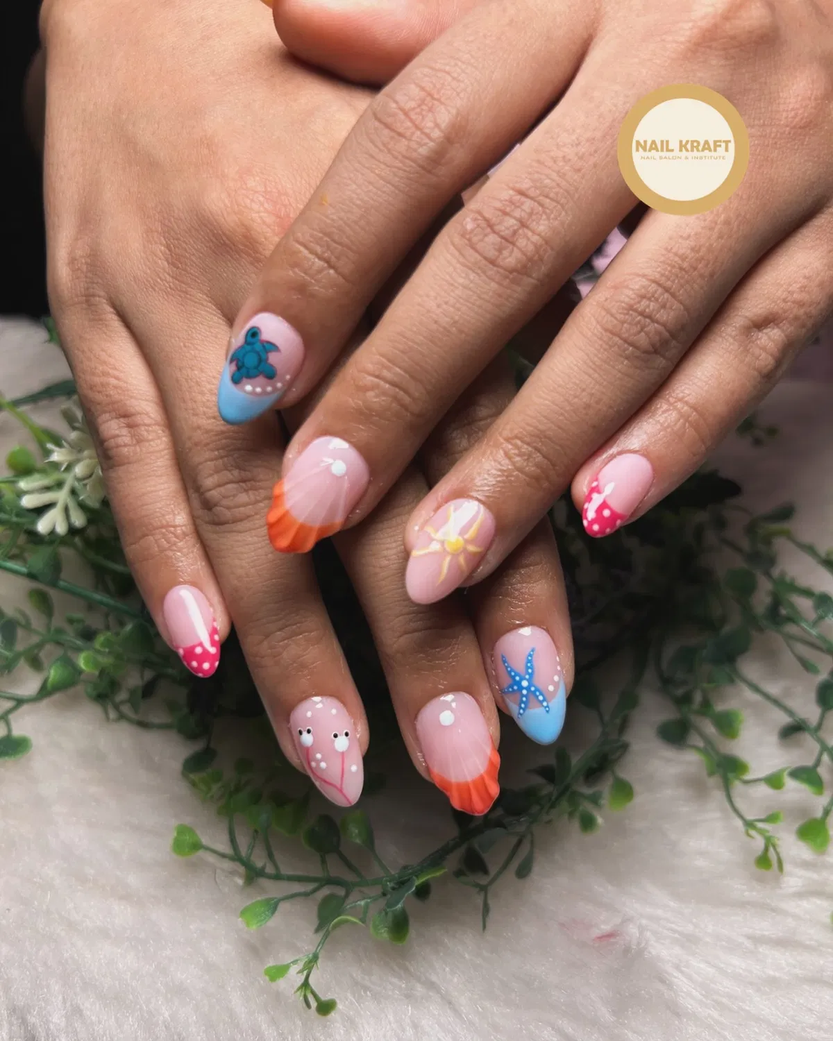 Pastel base with colorful tips and sea motifs