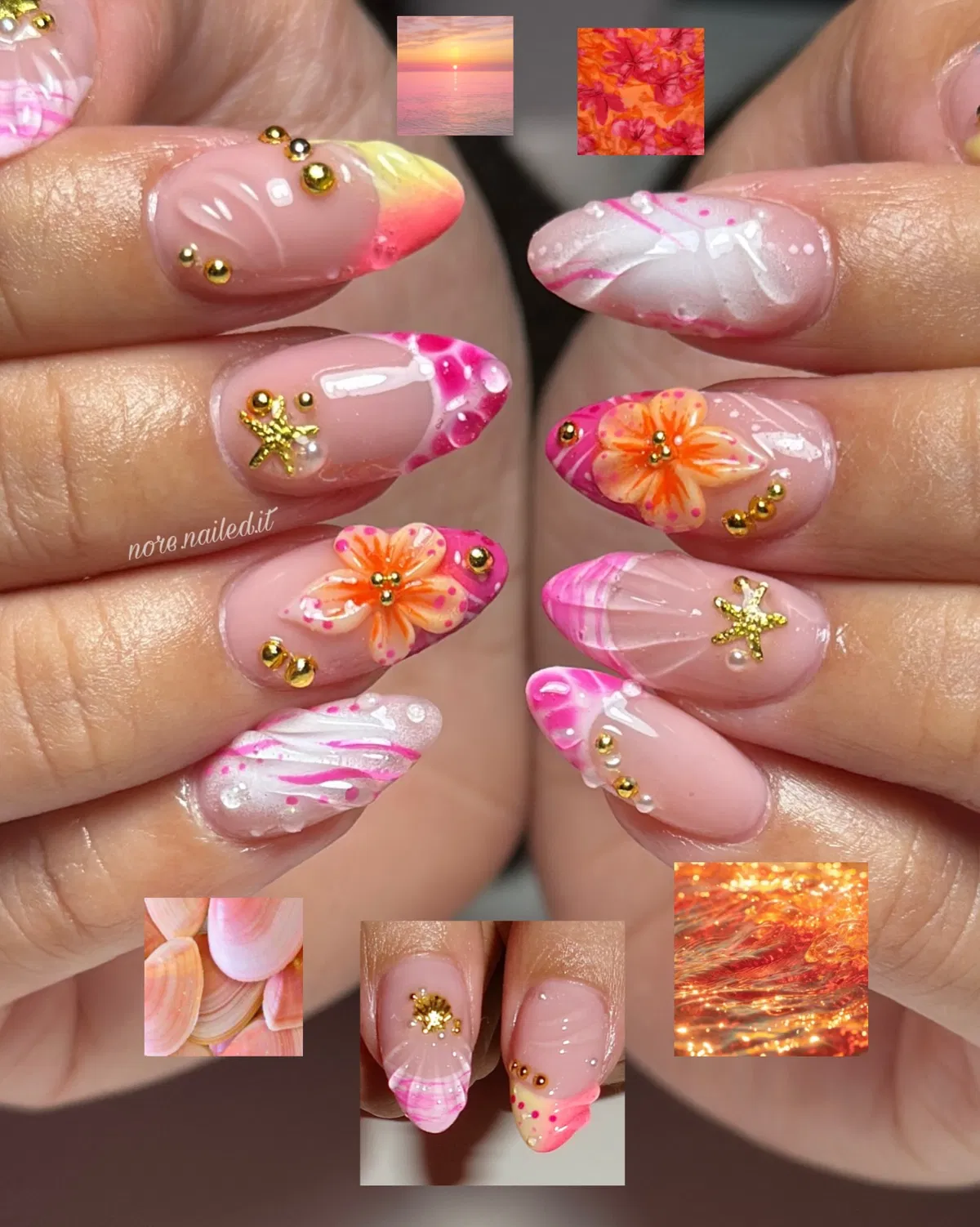 Pink-and-white swirls with gold starfish and studs