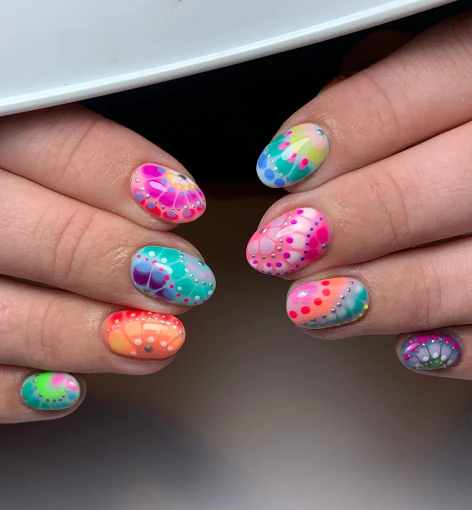 Multicolor Gradient Nails with Dotted Detailing