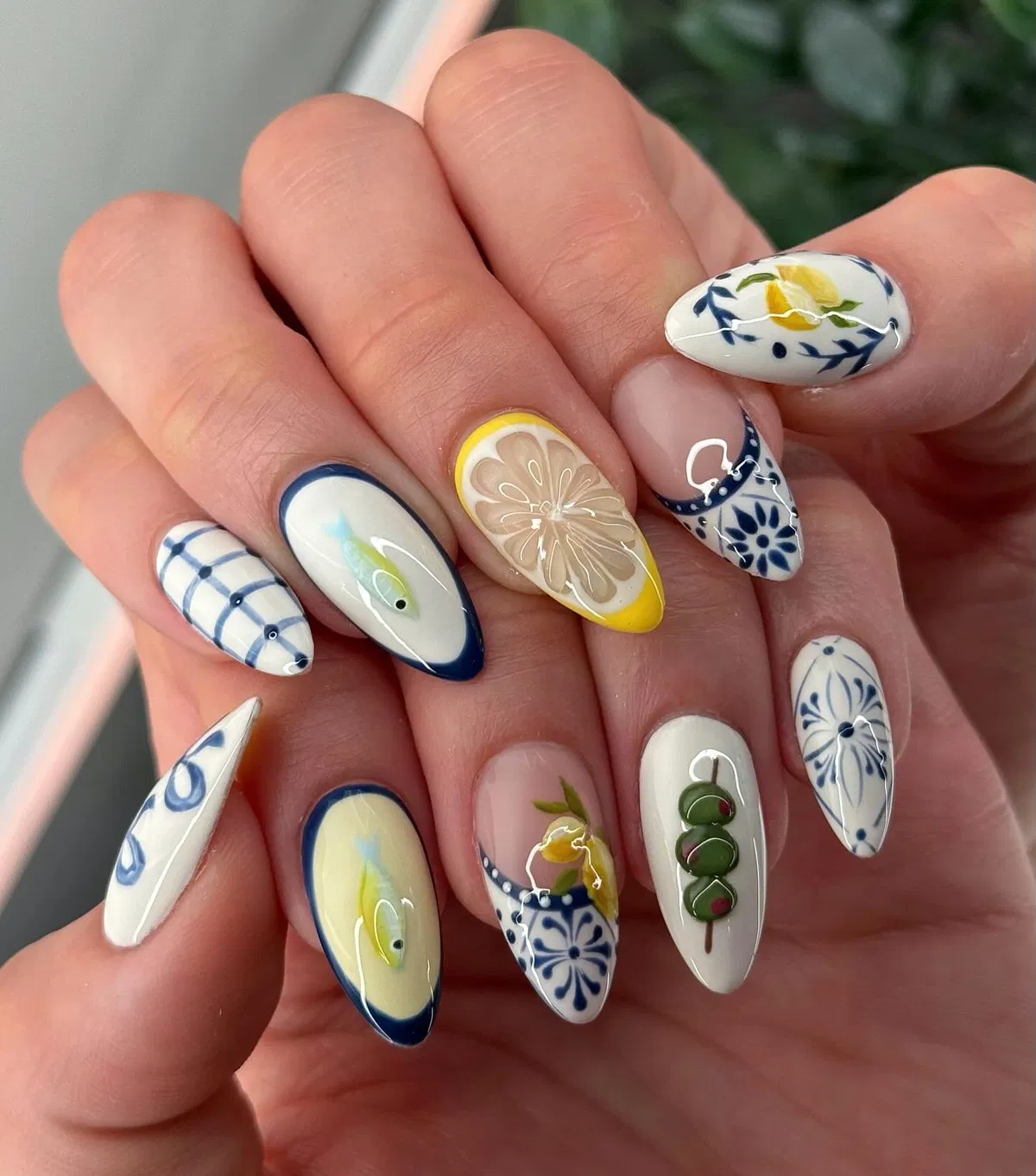 Blue-and-white patterned set with citrus and green accents