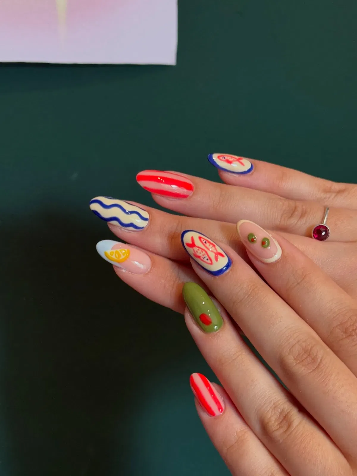 Graphic mix: waves, stripes, and fish illustrations
