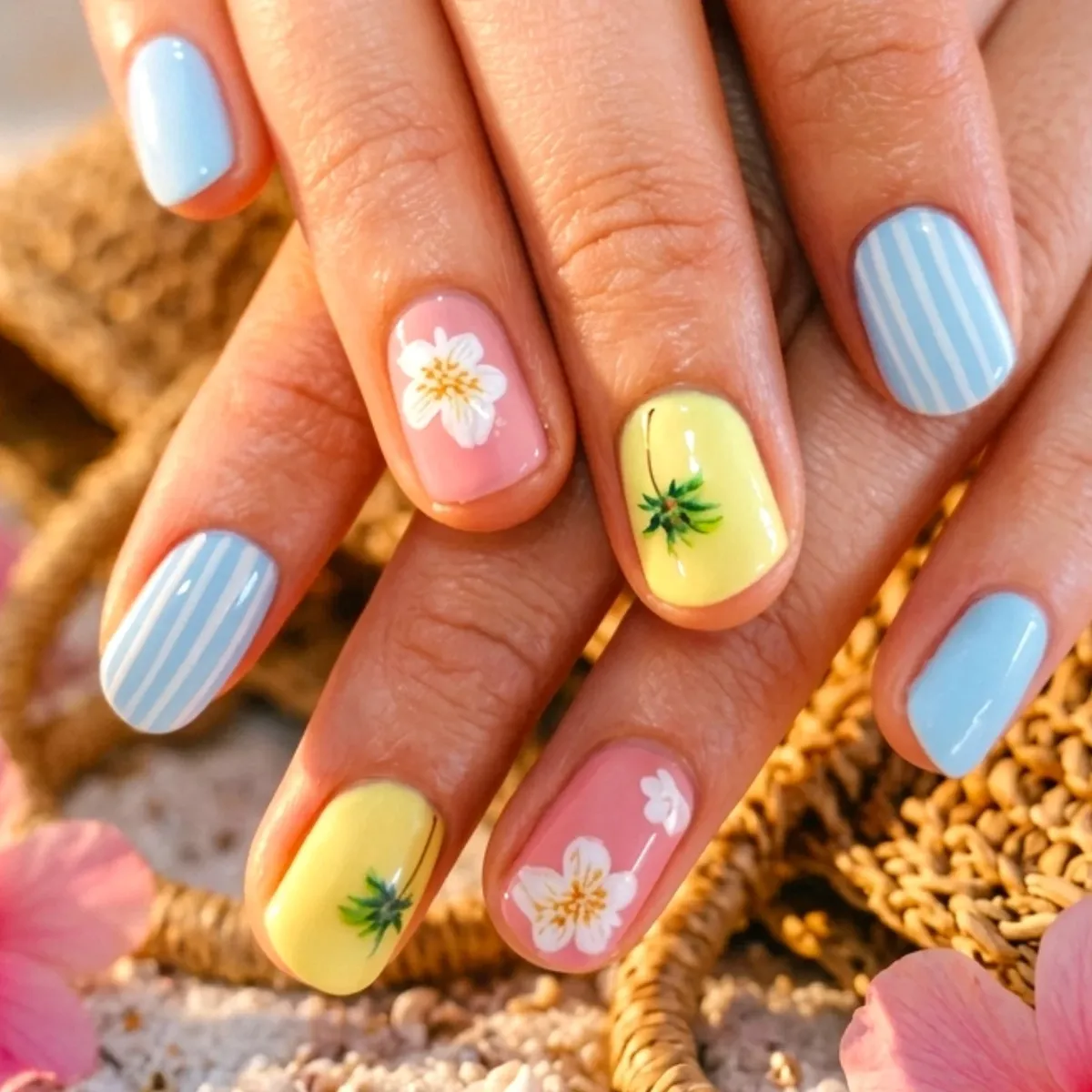 Pastel stripes and white floral accents