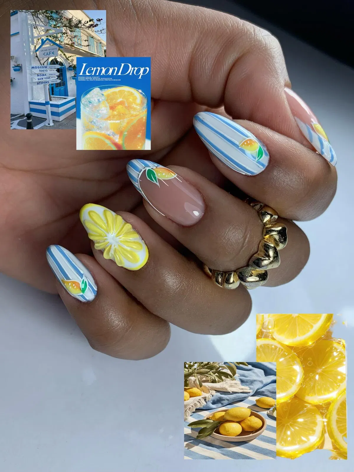 Blue stripe-and-lemon collage with a 3D-look citrus slice accent
