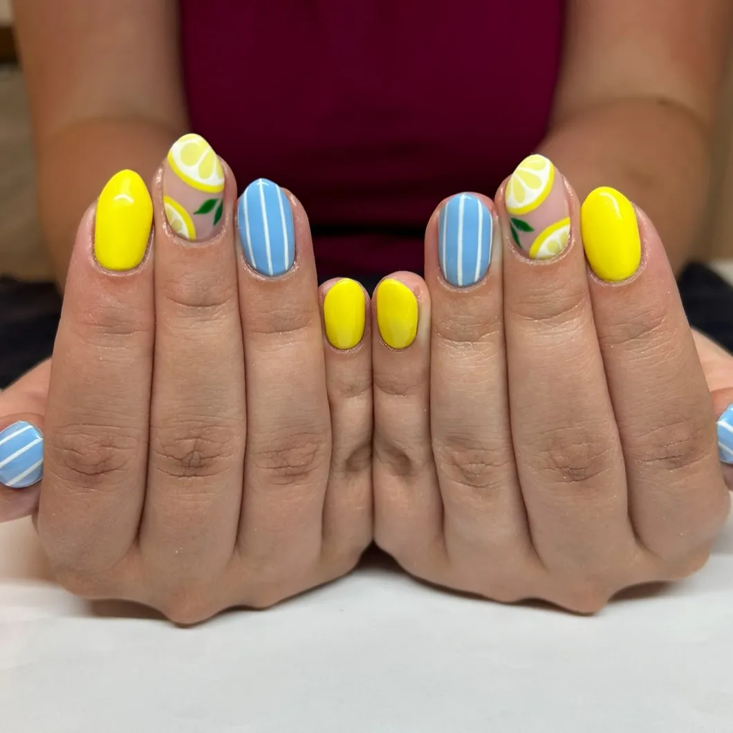 Bright yellow, striped blue, and lemon-accent mix