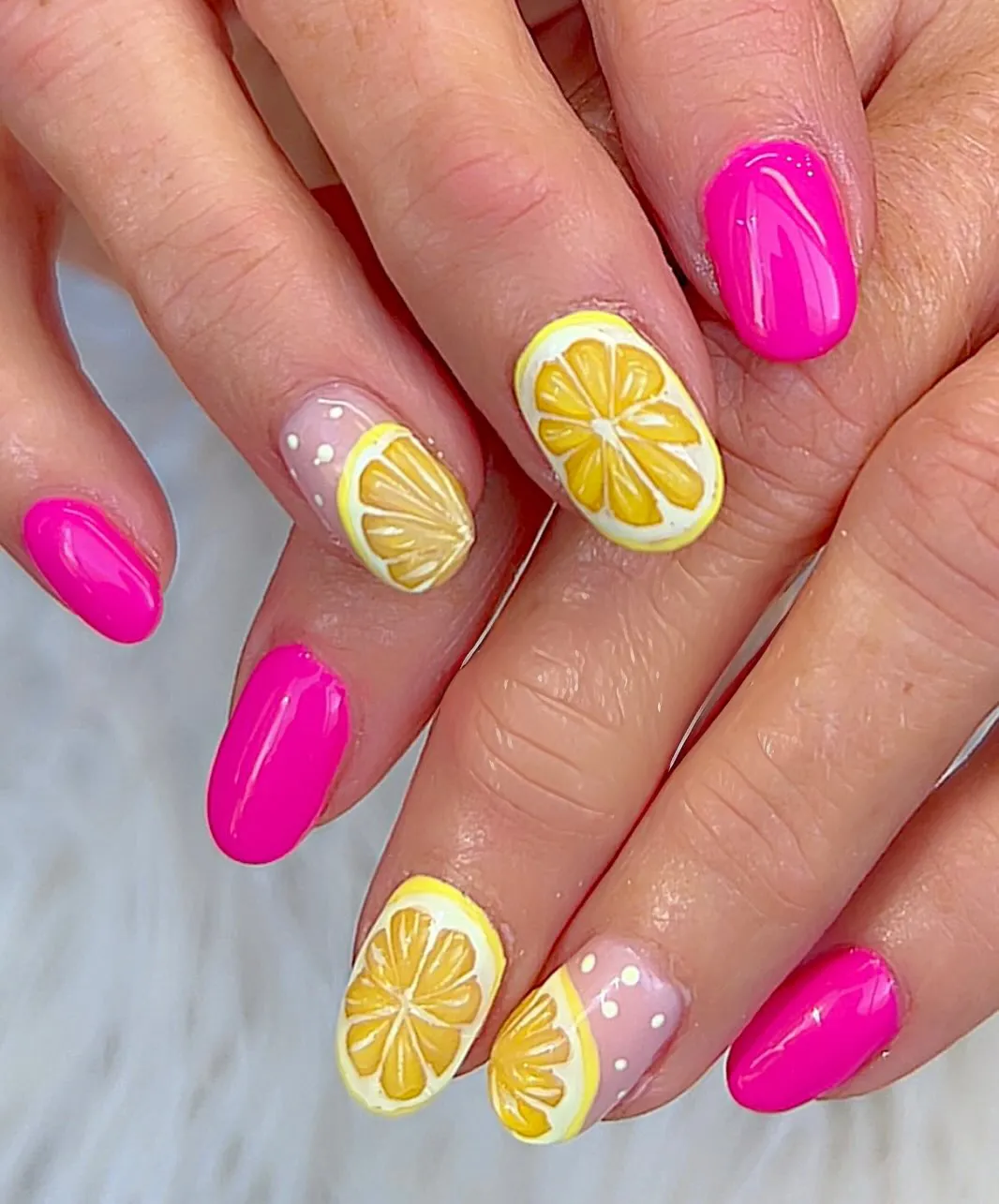 Hot pink set with yellow citrus slice accents