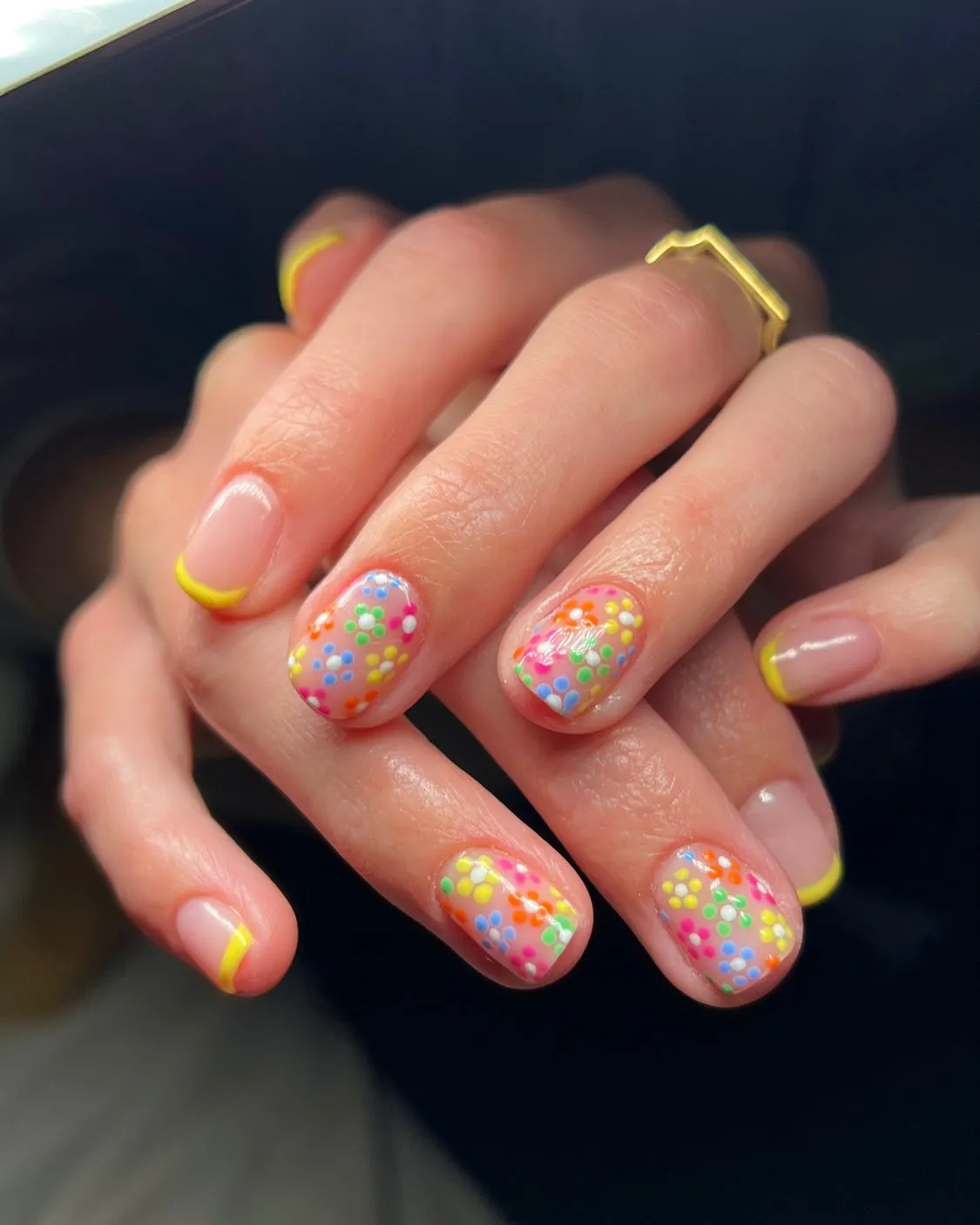 Yellow micro-French with multicolor confetti dots