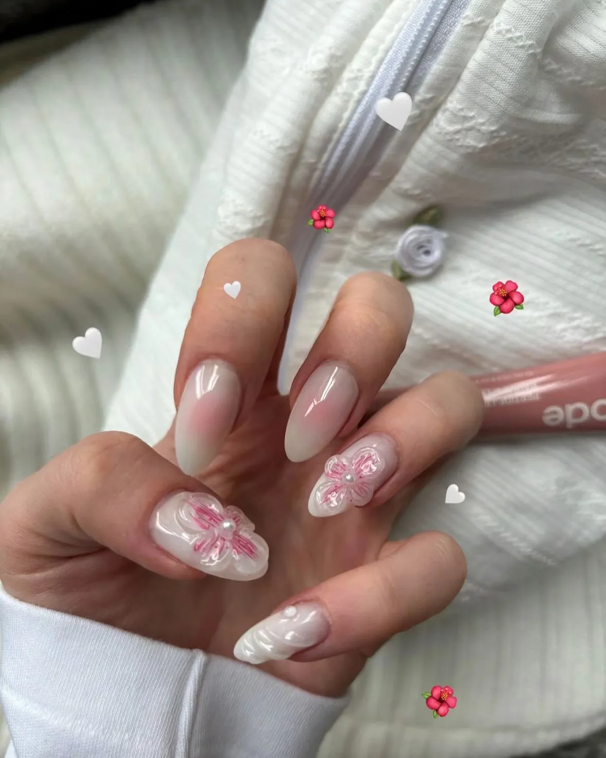 Milky ombre with raised pink flower accents