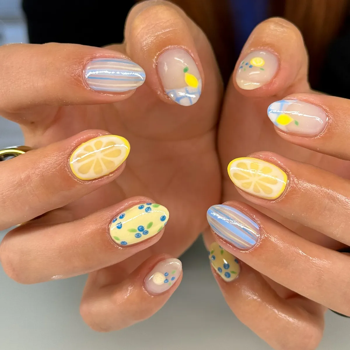 Citrus and stripe mix on nude base