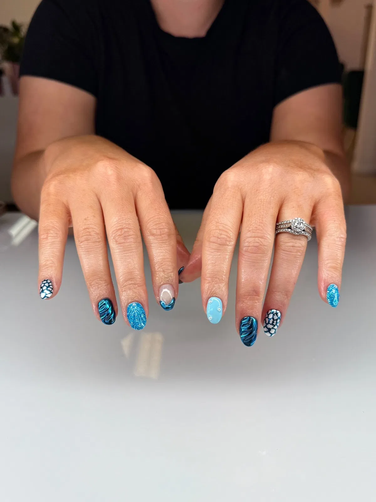 Blue mix: glitter, waves, and scale patterns