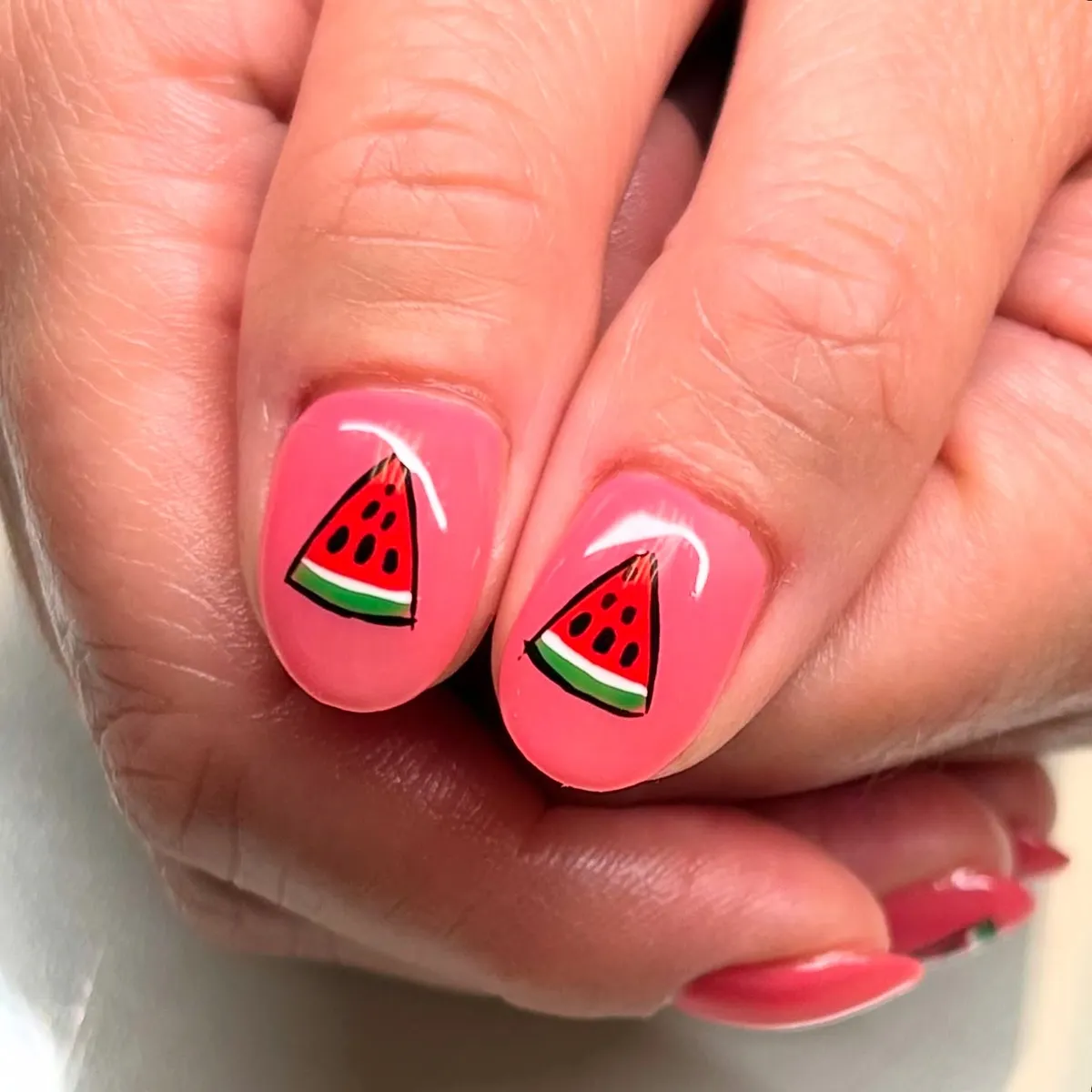 Pink nails with mini watermelon slices