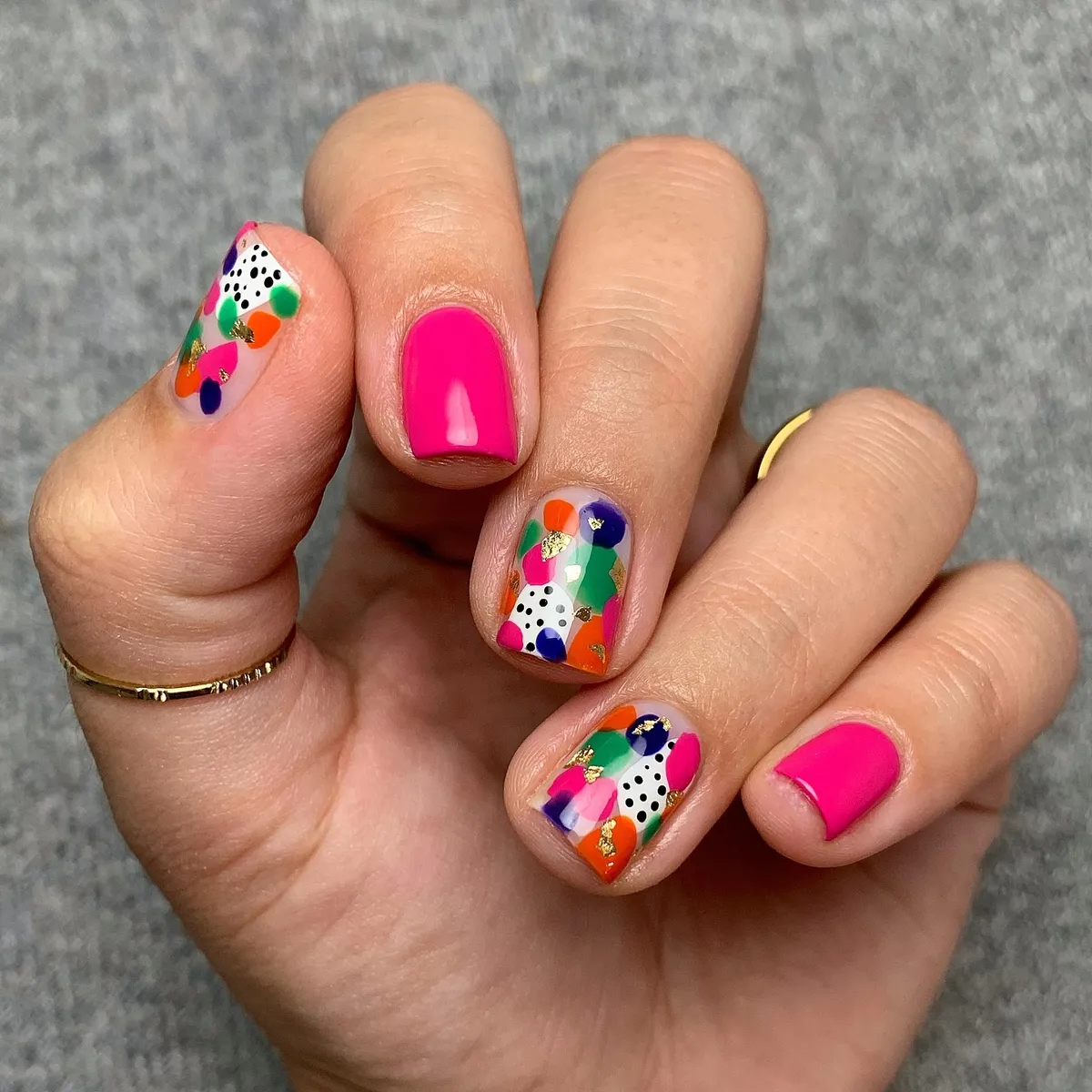 Hot pink and multicolor abstract confetti nails